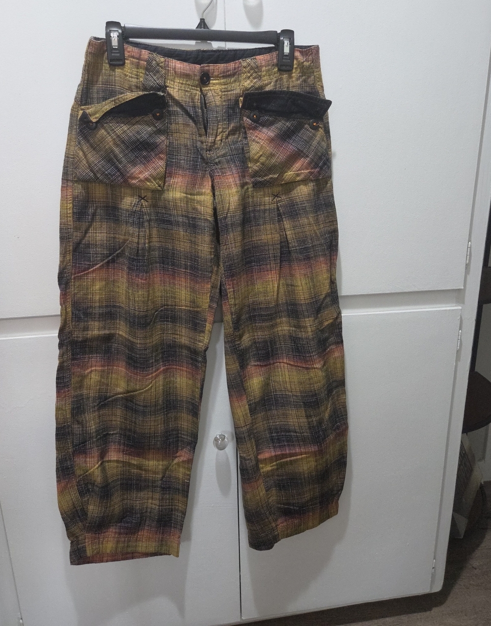 Free People Women's Yellow Multi Plaid Cargo Pants